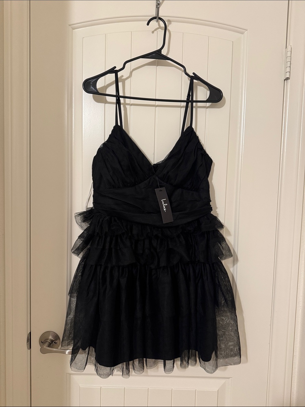 Lulu's Black Tulle Tiered Spaghetti Strap Mini Dress